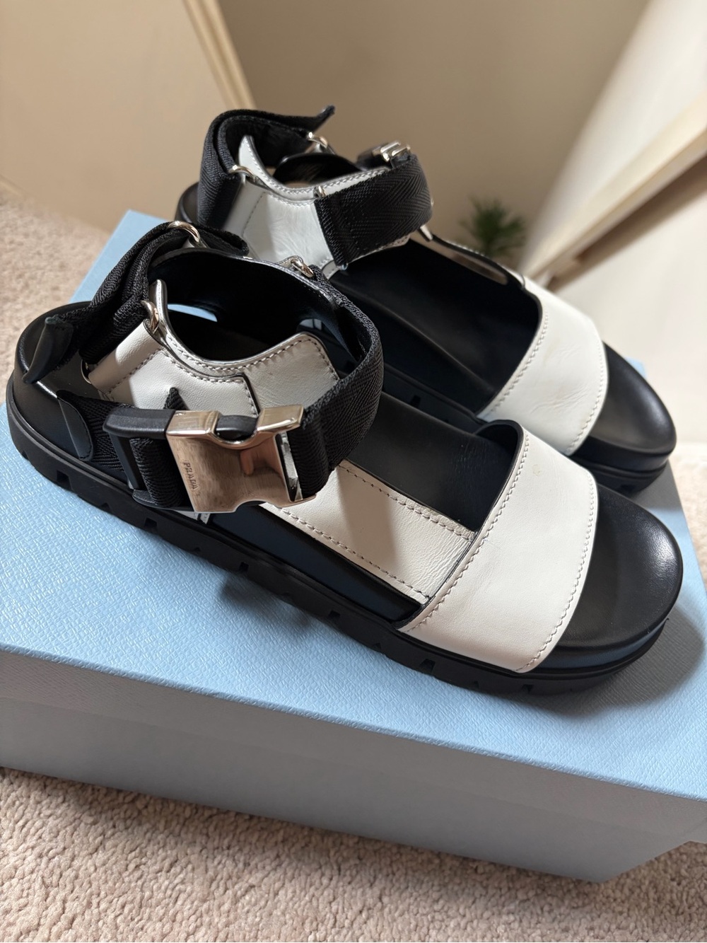 Prada Black and White Platform Sandals with Silver Hardware - Picture 3 of 16